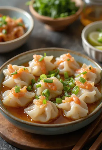 Bánh bột lọc con cerdo y gambas servido en plato blanco