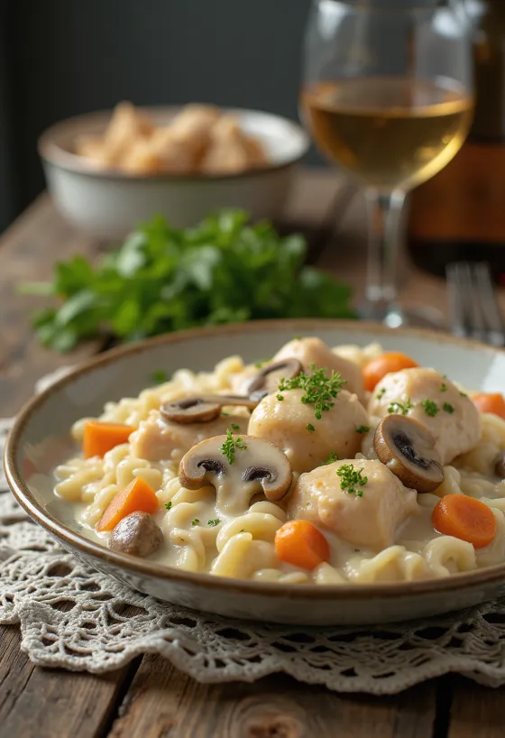 Fricasé de pollo servido con salsa de nata