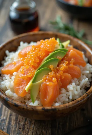 Chirashi con huevas de pescado, aguacate fresco, pepino y tiras de nori