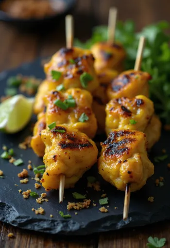 Satay especiado, brochetas de pollo a la parrilla con verduras frescas