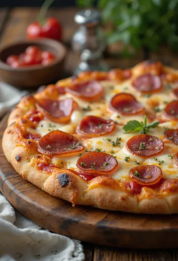 Pizza de carne con salami servida
