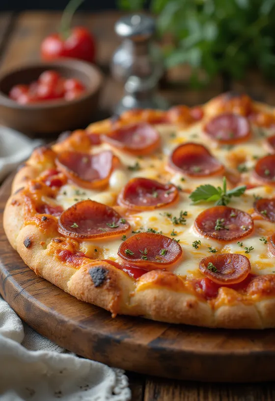 Pizza de carne con salami servida