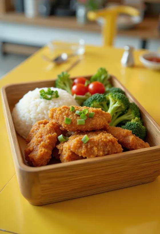 Bento de pollo karaage con pollo crujiente, arroz y verduras frescas