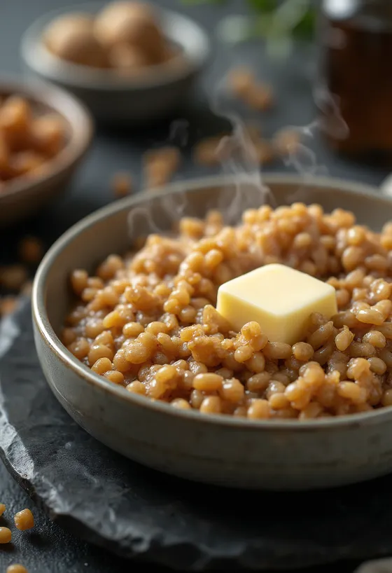 Kasha clásica, servida en un recipiente sencillo, mostrando el grano suelto
