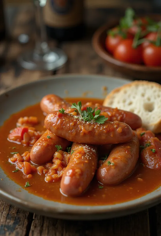Salchichas con pisto de pimientos y tomate en cazuela