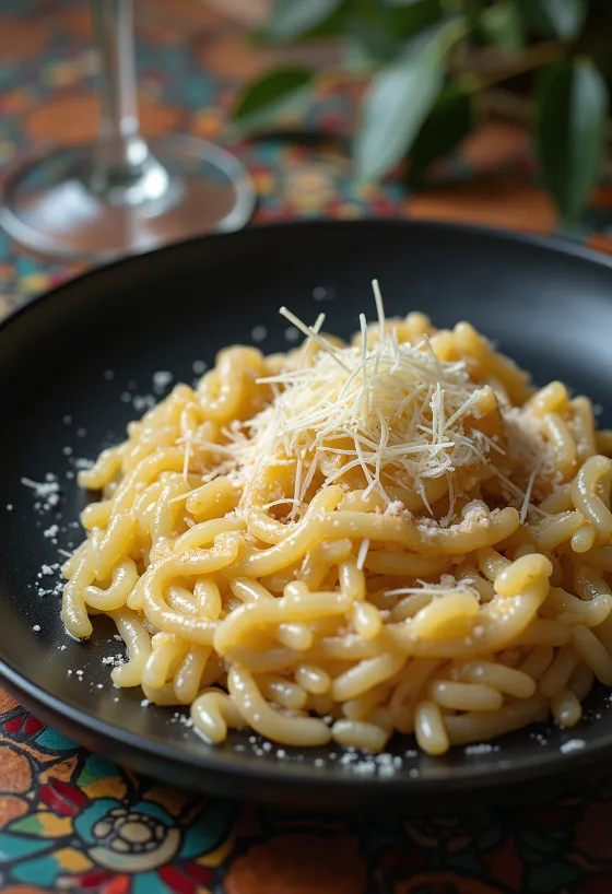 Risotto italiano de textura cremosa, decorado con queso y especias