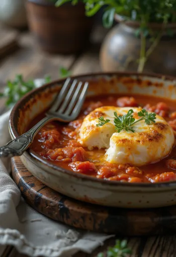Saganaki con salsa de tomate, servido con queso feta y espolvoreado con perejil