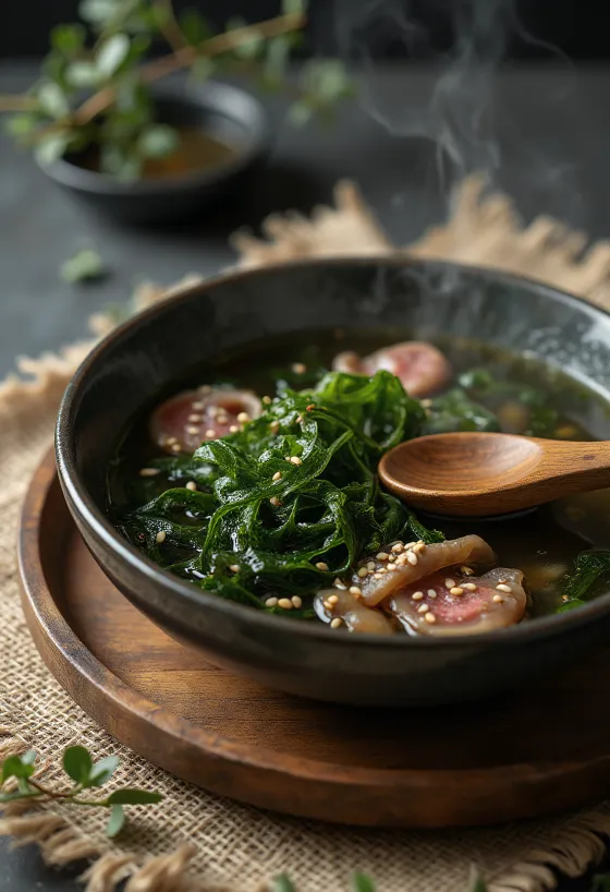 Miyeokguk con sésamo, servido en un bol