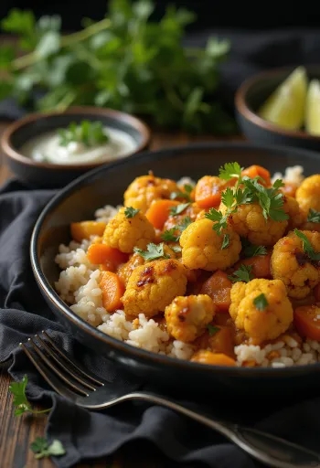 Curry de coliflor y arroz al horno servido