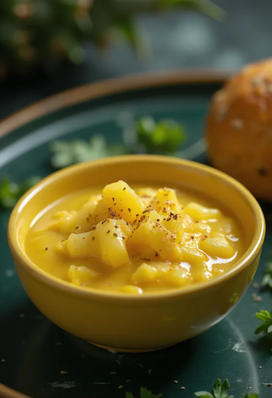Salsa de mostaza y curry con piña servida