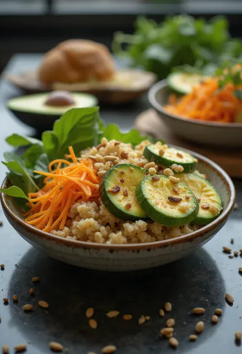 Buddha bowl de aguacate y calabacín servido