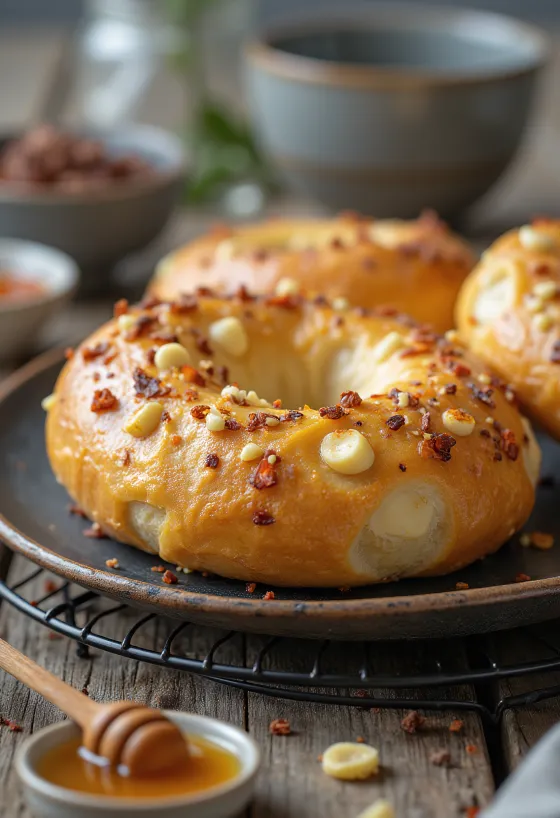 Bagel de chocolate blanco y chile recién horneado