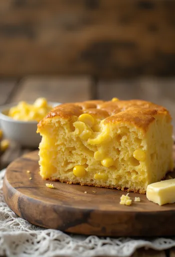 Cornbread con maíz cortado en porciones, textura dorada y suave