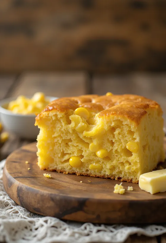 Cornbread con maíz cortado en porciones, textura dorada y suave