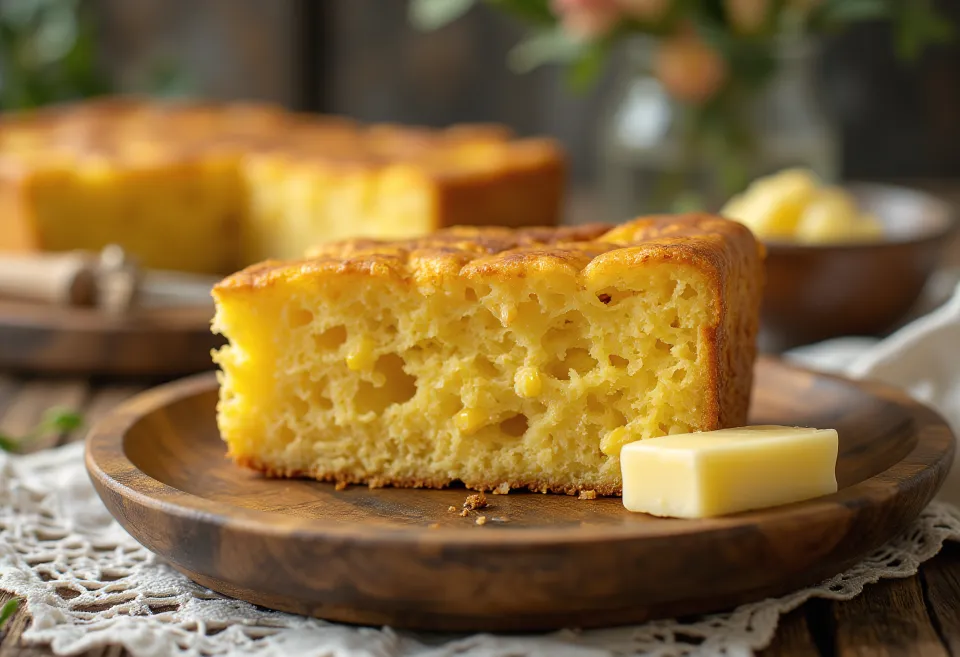 Cornbread con maíz cortado en porciones, textura dorada y suave