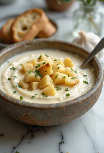 Cremosa sopa de ajo con picatostes y perejil fresco.