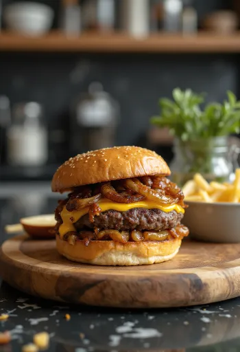 Hamburguesa con cebolla y queso, carne jugosa y cebolla caramelizada
