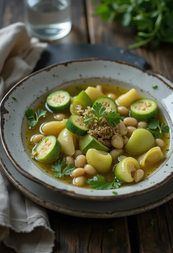 Minestrone con calabacín, tomate y pasta servido en plato hondo