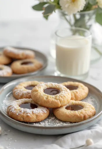 Linzer rellenas de crema de avellanas con azúcar glas, servidas en plato