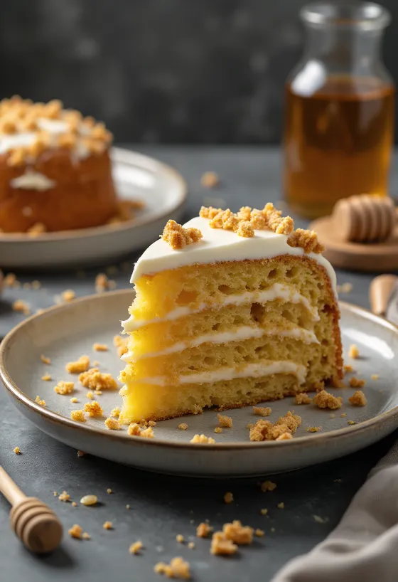 Tarta de miel rusa con capas de crema y decorada con migas