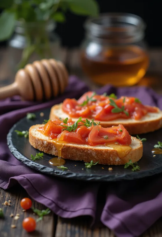 Pa amb tomàquet con sobrasada, servido fresco con aceite de oliva y albahaca
