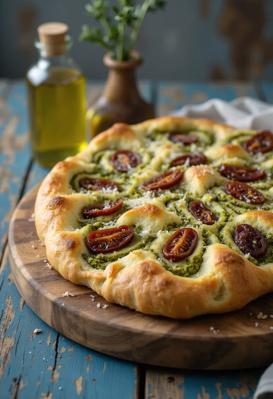 Focaccia de pesto y tomates secos servida