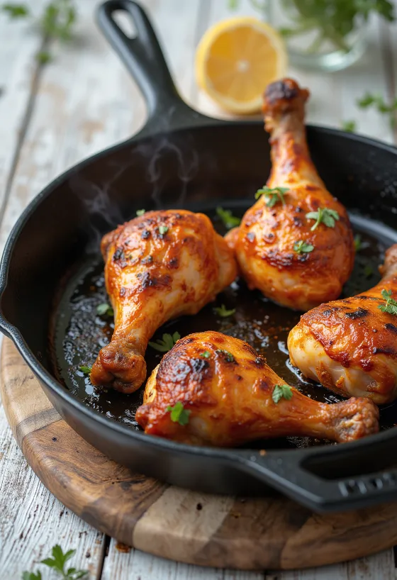 Muslos de pollo con especias picantes servidos con verduras frescas.