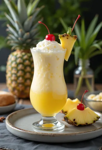 Piña Colada decorada con piña fresca y guinda al marrasquino