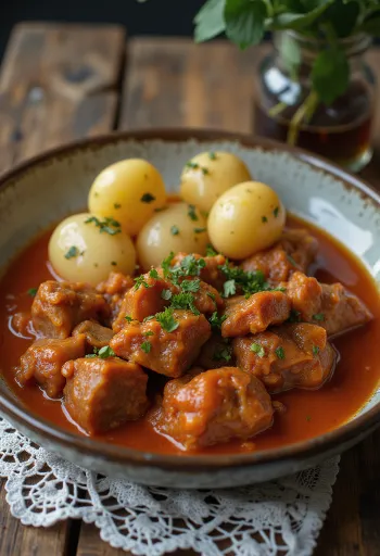 Pörkölt de carnero servido con pan fresco y encurtidos