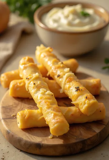 Palitos de queso crujientes horneados hasta dorarse, generosamente cubiertos de queso rallado