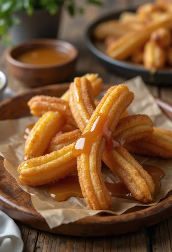 Churros al caramelo servidos con salsa y canela