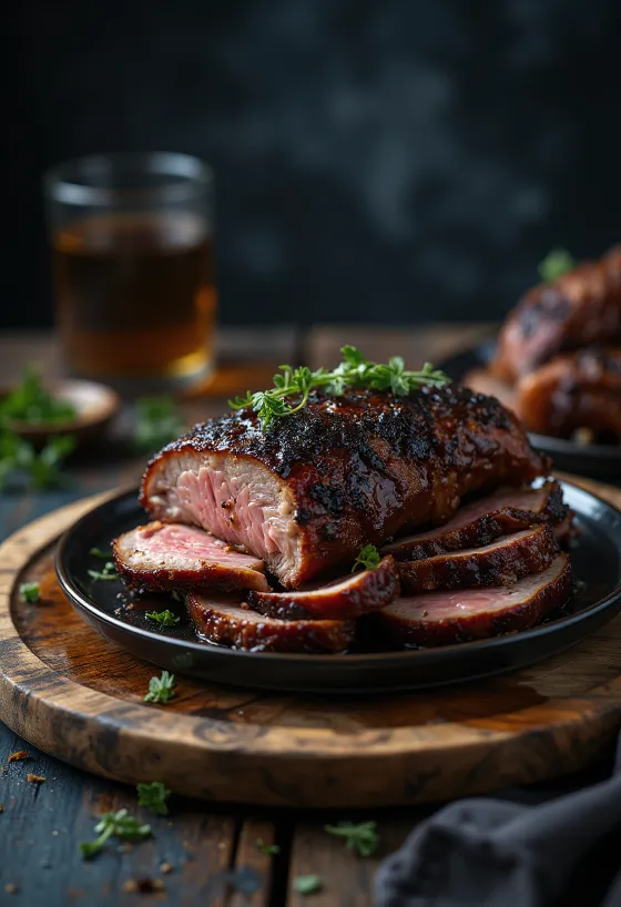 Pierna de jabalí ahumada BBQ servida