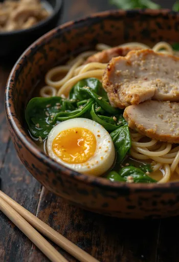 Ramen sin gluten servido con pollo y verduras