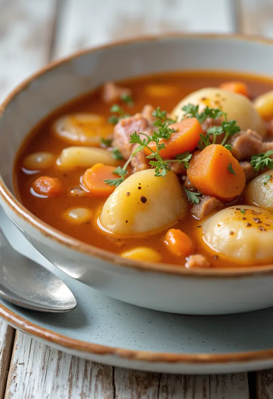 Falso goulash ricamente condimentado con verduras y pimentón.
