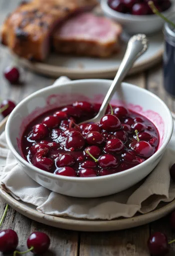 Salsa de guindas fresca con frutas enteras, aromatizada con canela y clavo
