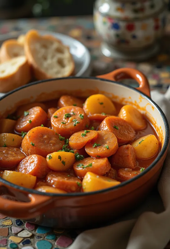 Estofado de patatas con chorizo (Paprikás krumpli) con jugosos trozos de patata, chorizo ahumado y espolvoreado con perejil fresco