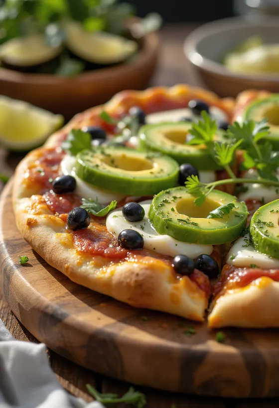 Pizza Mexicana con jalapeños, frijoles negros y aguacate