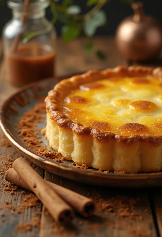 Tarta de pastel de nata portugués con superficie dorada y relleno de crema de vainilla