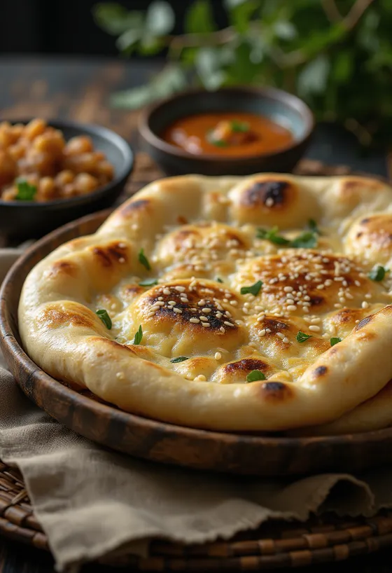 Naan tandoori con sésamo servido, recién hecho y aromático