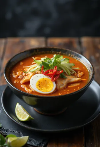 Asam laksa, sopa ácida de pescado con fideos y verduras frescas