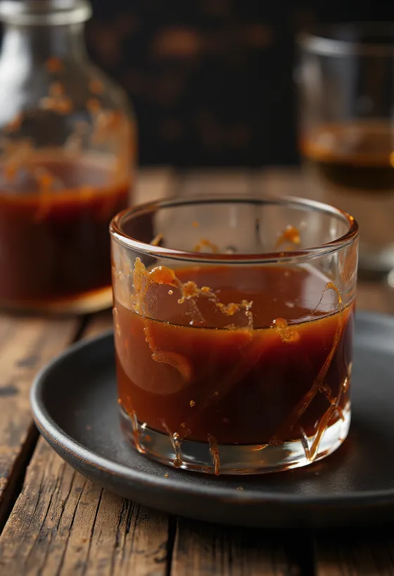 Salsa Barbacoa al Bourbon en un bol, con especias frescas y carnes a la parrilla de fondo.