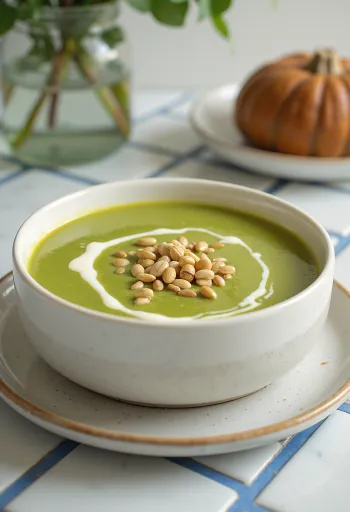 Crema de calabacín con semillas tostadas servida