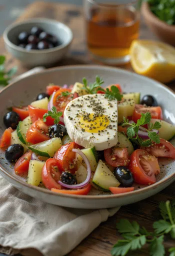 Ensalada griega fresca con queso feta, aceitunas y tomates jugosos