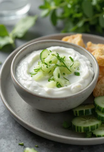 Salsa de yogur y pepino servida con verduras frescas