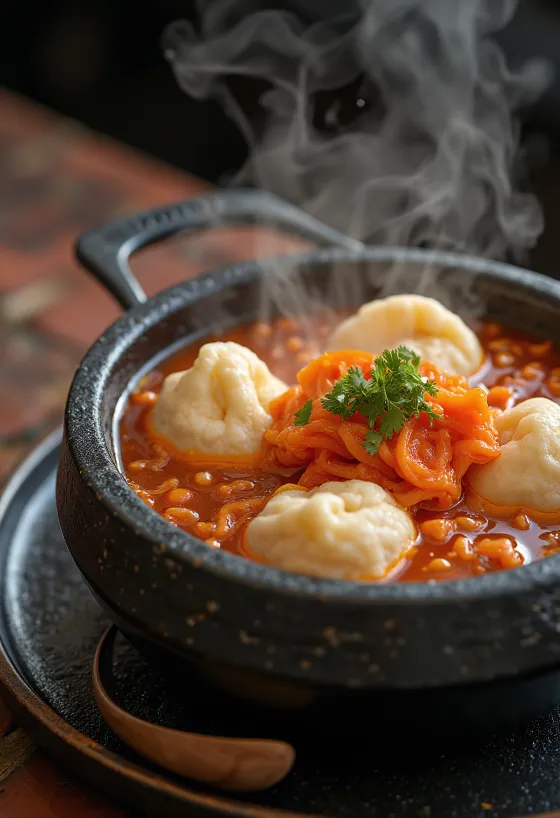 Sujebi de kimchi con pasta fresca y salsa picante