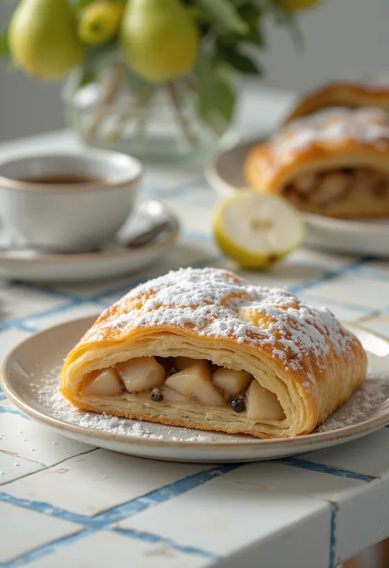 Strudel de pera y semillas de amapola servido