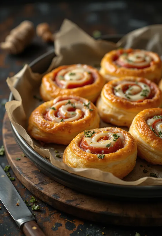 Caracolas de pizza recién horneadas rellenas de queso fundido y salsa de tomate.