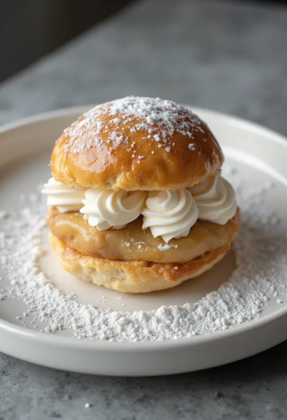 Semla versión mazapán, pastel de nata espolvoreado con azúcar glas en presentación rústica