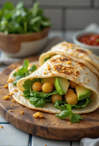 Wrap de espinacas con garbanzos, aguacate y verduras frescas servido