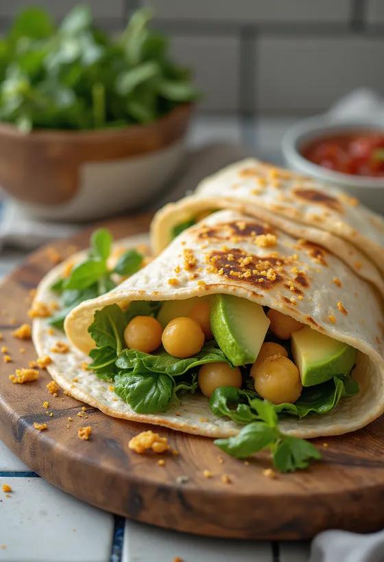 Wrap de espinacas con garbanzos, aguacate y verduras frescas servido